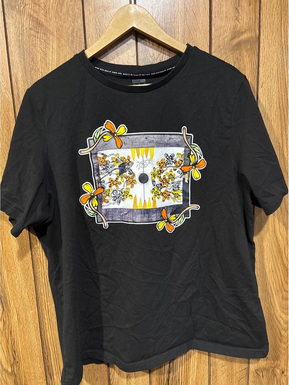 Puma Black Graphic T-Shirt with Floral Design, Size XL